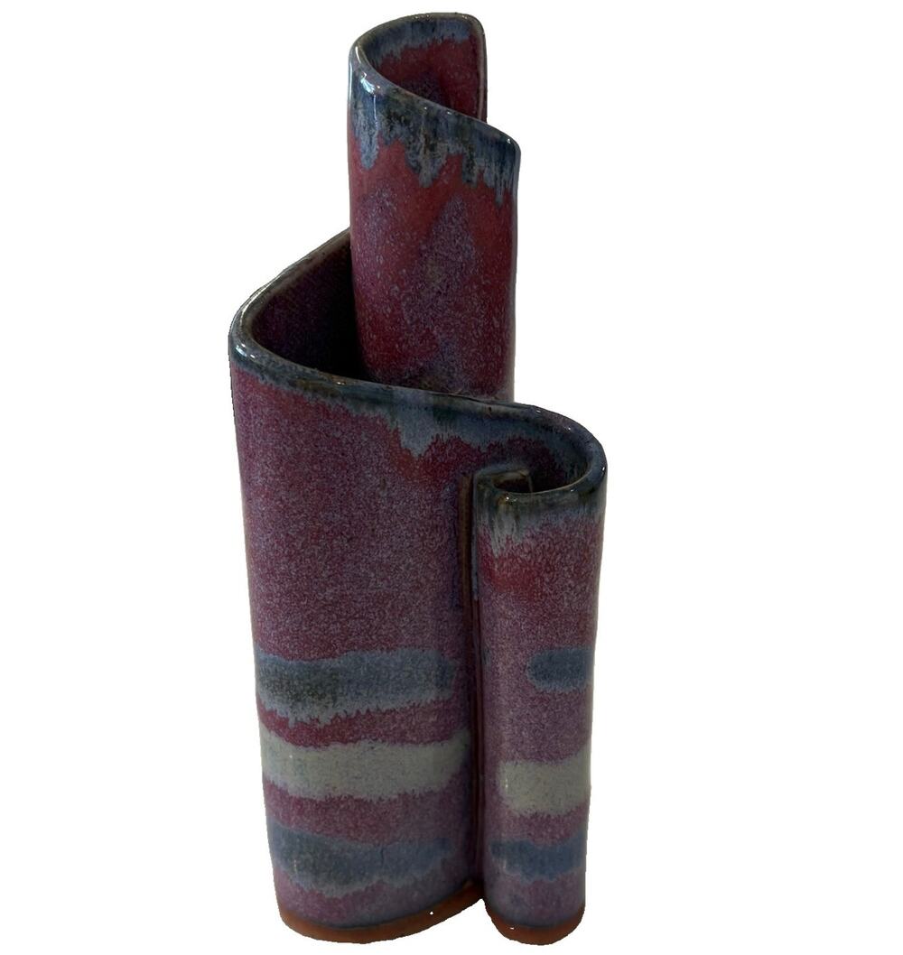 Vintage 1988 Bay Pottery Ribbon Vase 3-Chamber 7” Studio Art Purple Blue Glaze